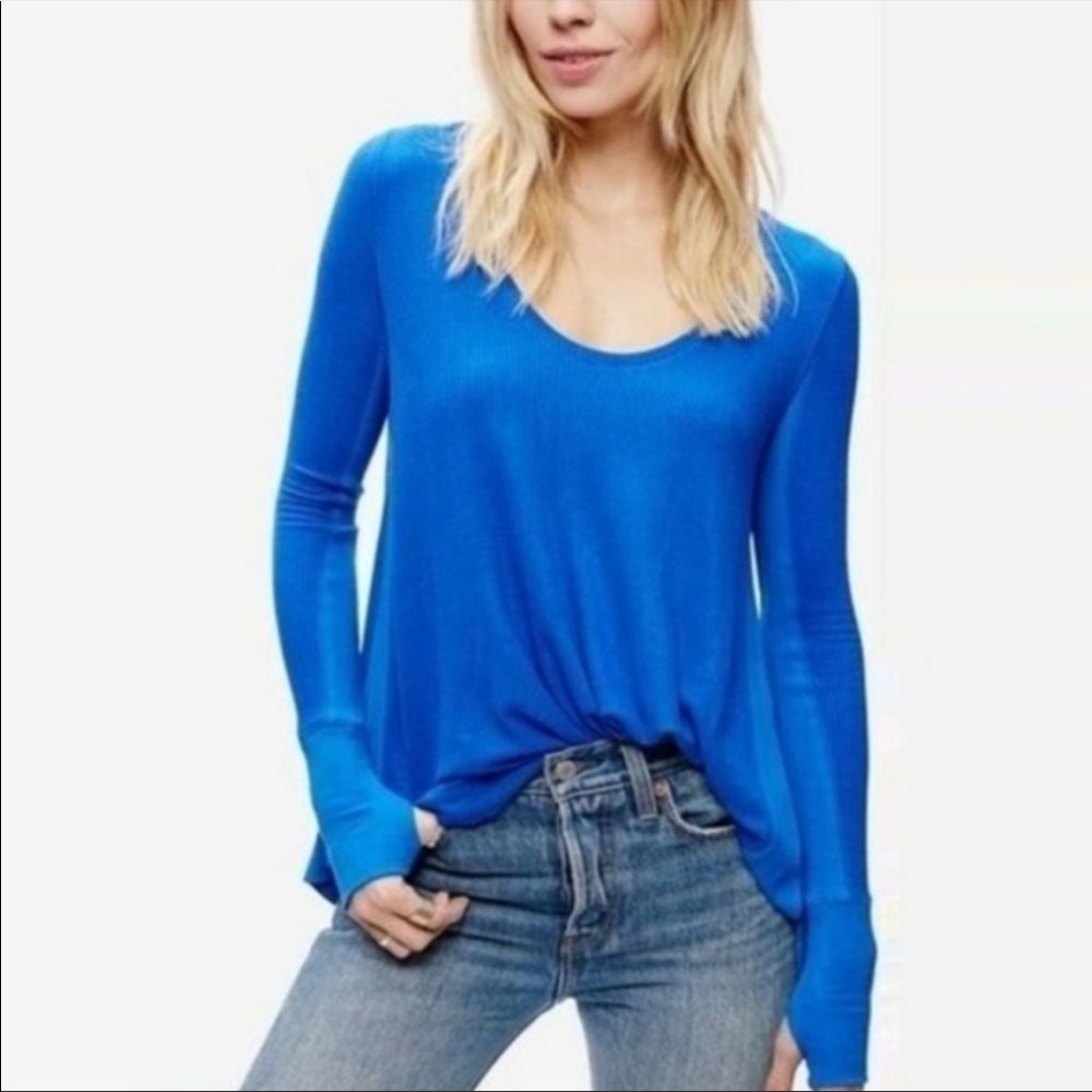 Free People Waffle Knit Long Sleeve T Shirt Boho Bohemian Distressed Hem